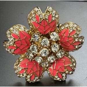Gold-Tone Stretch Ring With Rhinestone & Pink Enamel Flower Design
